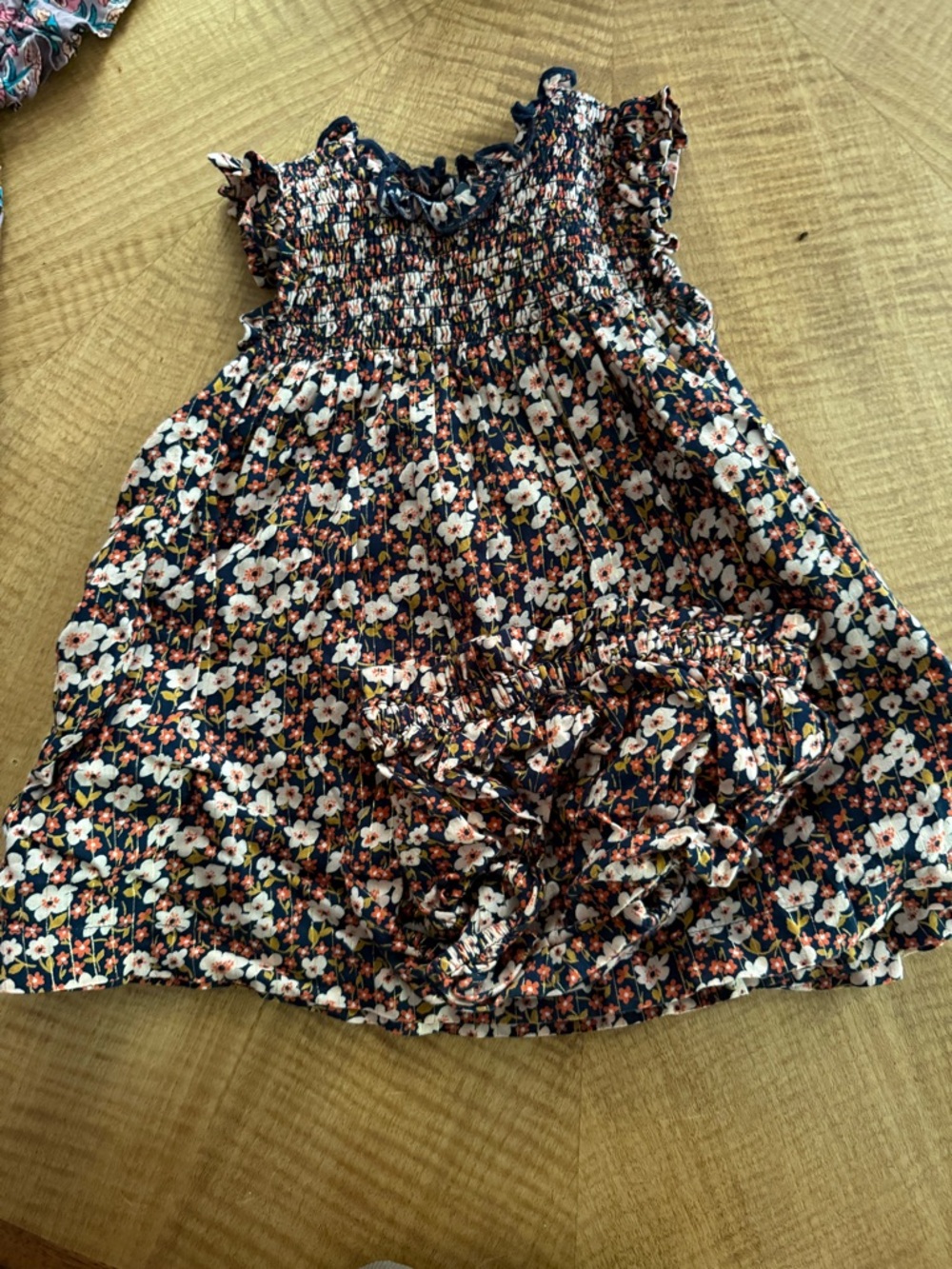 Pink Chicken Navy Floral Smocked Dress with Pink & White Blooms